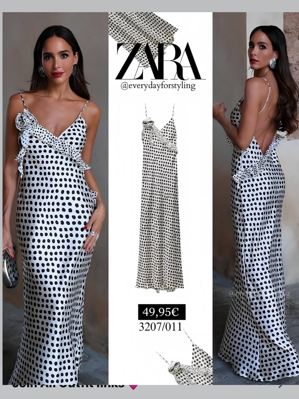 Zara NWT satin Black & White Polka Dot Maxi 3d flower Slip Dress